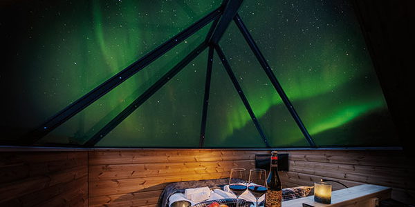The inside of a glass-roofed cabin looking up at a green night sky.